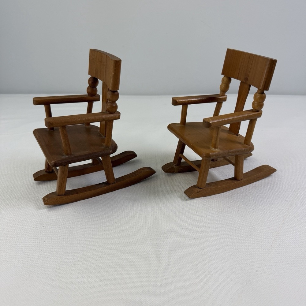 2 Strombecker Doll 7"H wooden Rocking Chairs Vintage Bear Granny Play‎ Toy Wood